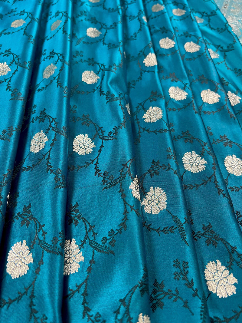 Statement Teal Blue Color Saree with Black Tanchoi Weave and Sliver Zari Banarasi Mashru Silk Saree - Kaash