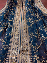 Teal soft organza silk dupatta with muted gold zari, embroidery & sequins — Kaash Collection
