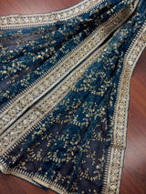Teal soft organza silk dupatta with muted gold zari, embroidery & sequins — Kaash Collection