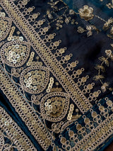 Teal soft organza silk dupatta with muted gold zari, embroidery & sequins — Kaash Collection