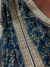 Teal soft organza silk dupatta with muted gold zari, embroidery & sequins — Kaash Collection