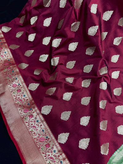 Wine Banarasi saree in banarasi semi katan silk with meenakari with gold zari weave — Kaash Collection