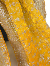 Yellow soft organza silk dupatta with muted gold zari, embroidery & sequin jaal — Kaash Collection