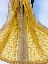 Yellow soft organza silk dupatta with muted gold zari, embroidery & sequin — Kaash Collection