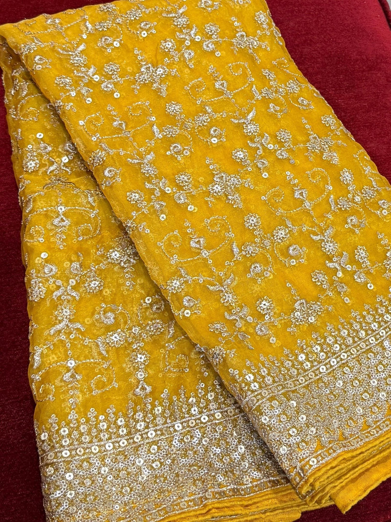 Yellow soft organza silk dupatta with muted gold zari, embroidery & sequin jaal — Kaash Collection