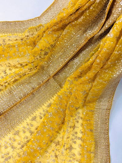 Statement Yellow Color Organza Silk Dupatta with Muted Gold Zari, Embroidery and Sequin - Kaash