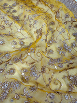 Yellow soft organza silk dupatta with muted gold zari, embroidery & sequin — Kaash Collection