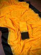 Yellow Banarasi Soft with Black Border saree in banarasi soft silk with buttis with plain black border & ambi pallu — Kaash Collection