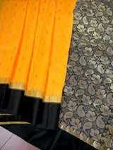 Yellow Banarasi Soft with Black Border saree in banarasi soft silk with buttis with plain black border & ambi pallu — Kaash Collection
