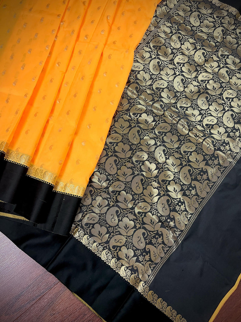 Statement Yellow Color Saree with Black border and Pallu Saree with Ambi Design | Banarasi Silk Saree | Soft Silk Saree - Kaash