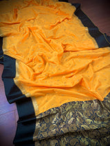 Statement Yellow Color Saree with Black border and Pallu Saree with Ambi Design | Banarasi Silk Saree | Soft Silk Saree - Kaash