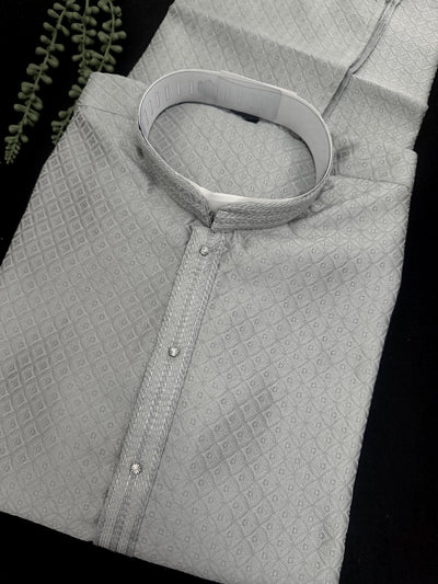Steel Sliver Color Kurta with Self Design | Wedding & Party Wear - Kaash