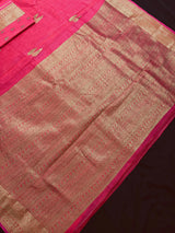 Strawberry Pink Banarasi Linen Cotton Silk Saree with Antique Copper Zari Weave Saree - Kaash
