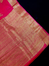 Strawberry Pink Banarasi Linen Cotton Silk Saree with Antique Copper Zari Weave Saree - Kaash