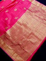 Strawberry Pink Banarasi Linen Cotton Silk Saree with Antique Copper Zari Weave Saree - Kaash