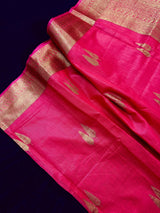 Strawberry Pink Banarasi Linen Cotton Silk Saree with Antique Copper Zari Weave Saree - Kaash
