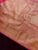 Strawberry Pink Banarasi Linen Cotton Silk Saree with Antique Copper Zari Weave Saree - Kaash