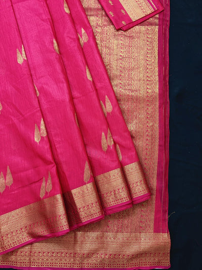 Strawberry Pink Banarasi Linen Cotton Silk Saree with Antique Copper Zari Weave Saree - Kaash