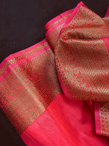 Strawberry Pink Banarasi Linen Cotton Silk Saree with Antique Copper Zari Weave Saree - Kaash