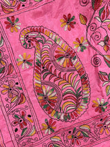 Strawberry Pink Color Bangalori Silk Saree with Hand Kantha Stitch | Handwoven Kantha Stitch Sarees | Kantha Saress | Bengal Sarees - Kaash