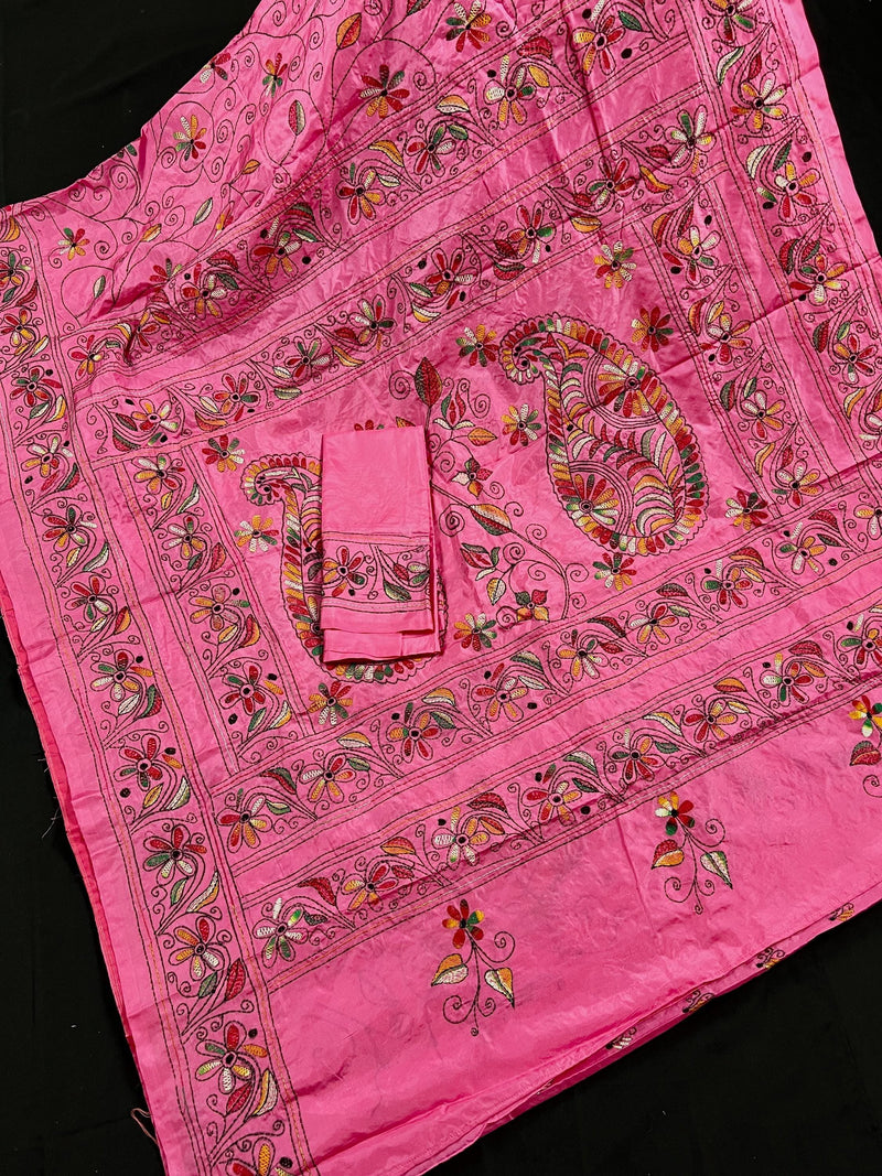 Strawberry Pink Color Bangalori Silk Saree with Hand Kantha Stitch | Handwoven Kantha Stitch Sarees | Kantha Saress | Bengal Sarees - Kaash