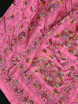 Strawberry Pink Color Bangalori Silk Saree with Hand Kantha Stitch | Handwoven Kantha Stitch Sarees | Kantha Saress | Bengal Sarees - Kaash
