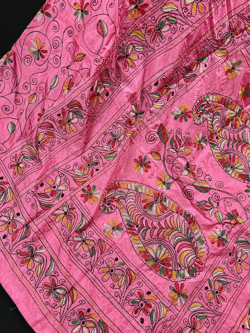 Strawberry Pink Color Bangalori Silk Saree with Hand Kantha Stitch | Handwoven Kantha Stitch Sarees | Kantha Saress | Bengal Sarees - Kaash