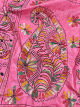 Strawberry Pink Color Bangalori Silk Saree with Hand Kantha Stitch | Handwoven Kantha Stitch Sarees | Kantha Saress | Bengal Sarees - Kaash