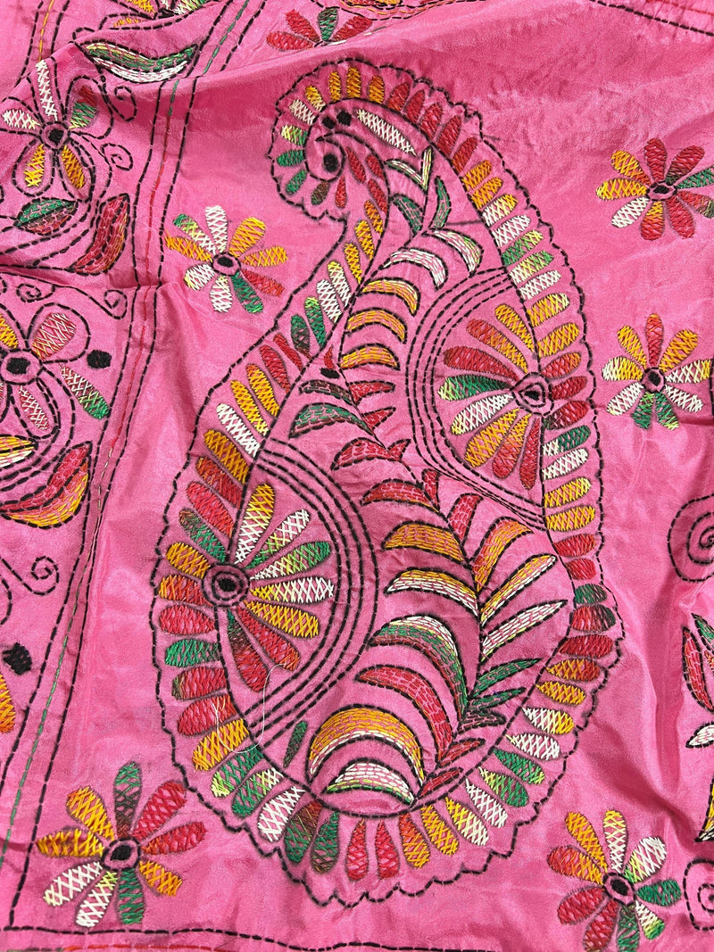 Strawberry Pink Color Bangalori Silk Saree with Hand Kantha Stitch | Handwoven Kantha Stitch Sarees | Kantha Saress | Bengal Sarees - Kaash
