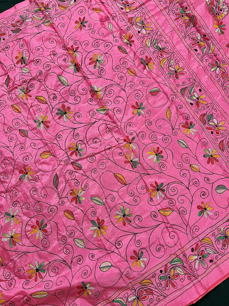 Strawberry Pink Color Bangalori Silk Saree with Hand Kantha Stitch | Handwoven Kantha Stitch Sarees | Kantha Saress | Bengal Sarees - Kaash