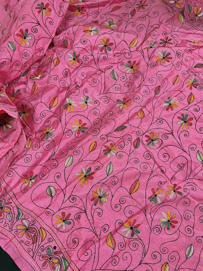 Strawberry Pink Color Bangalori Silk Saree with Hand Kantha Stitch | Handwoven Kantha Stitch Sarees | Kantha Saress | Bengal Sarees - Kaash
