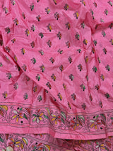 Strawberry Pink Color Bangalori Silk Saree with Hand Kantha Stitch | Handwoven Kantha Stitch Sarees | Kantha Saress | Bengal Sarees - Kaash