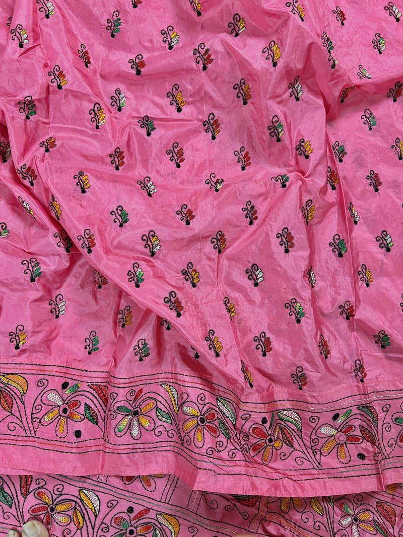 Strawberry Pink Color Bangalori Silk Saree with Hand Kantha Stitch | Handwoven Kantha Stitch Sarees | Kantha Saress | Bengal Sarees - Kaash