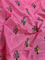 Strawberry Pink Color Bangalori Silk Saree with Hand Kantha Stitch | Handwoven Kantha Stitch Sarees | Kantha Saress | Bengal Sarees - Kaash