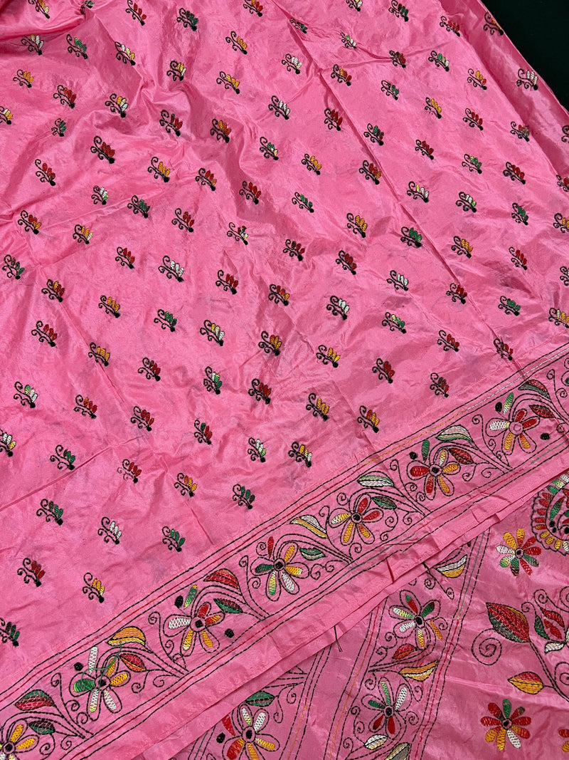 Strawberry Pink Color Bangalori Silk Saree with Hand Kantha Stitch | Handwoven Kantha Stitch Sarees | Kantha Saress | Bengal Sarees - Kaash
