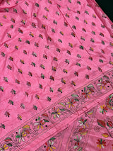 Strawberry Pink Color Bangalori Silk Saree with Hand Kantha Stitch | Handwoven Kantha Stitch Sarees | Kantha Saress | Bengal Sarees - Kaash