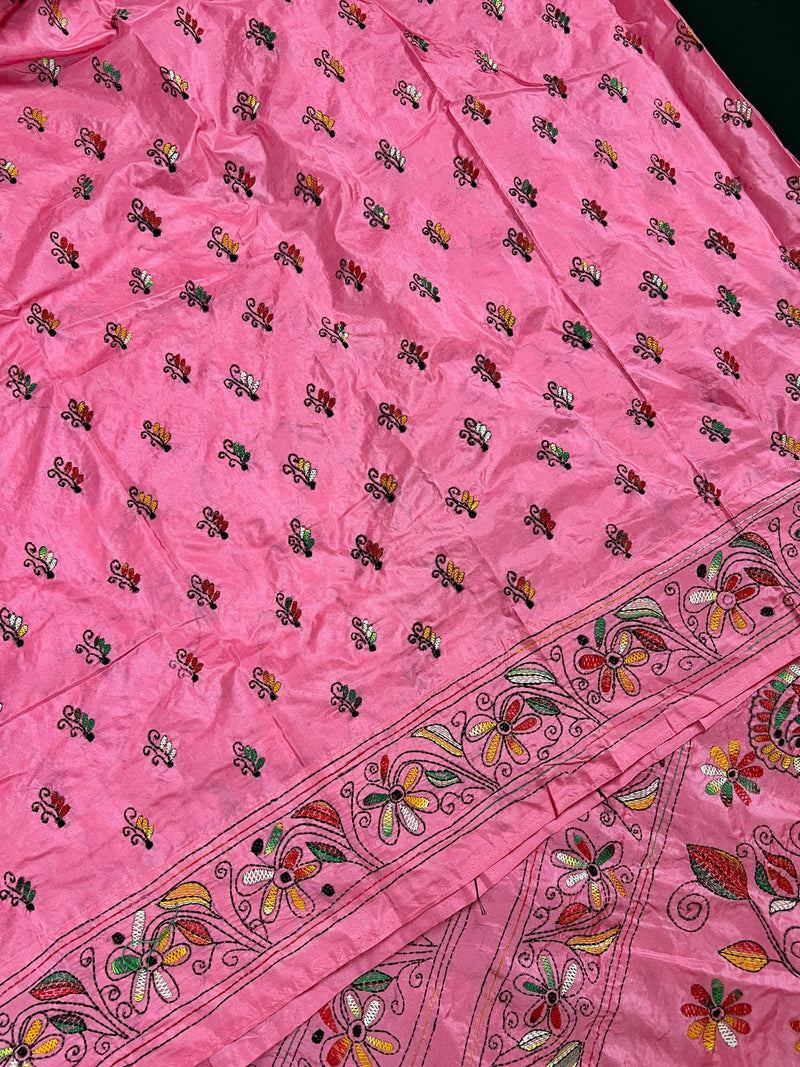 Strawberry Pink Color Bangalori Silk Saree with Hand Kantha Stitch | Handwoven Kantha Stitch Sarees | Kantha Saress | Bengal Sarees - Kaash