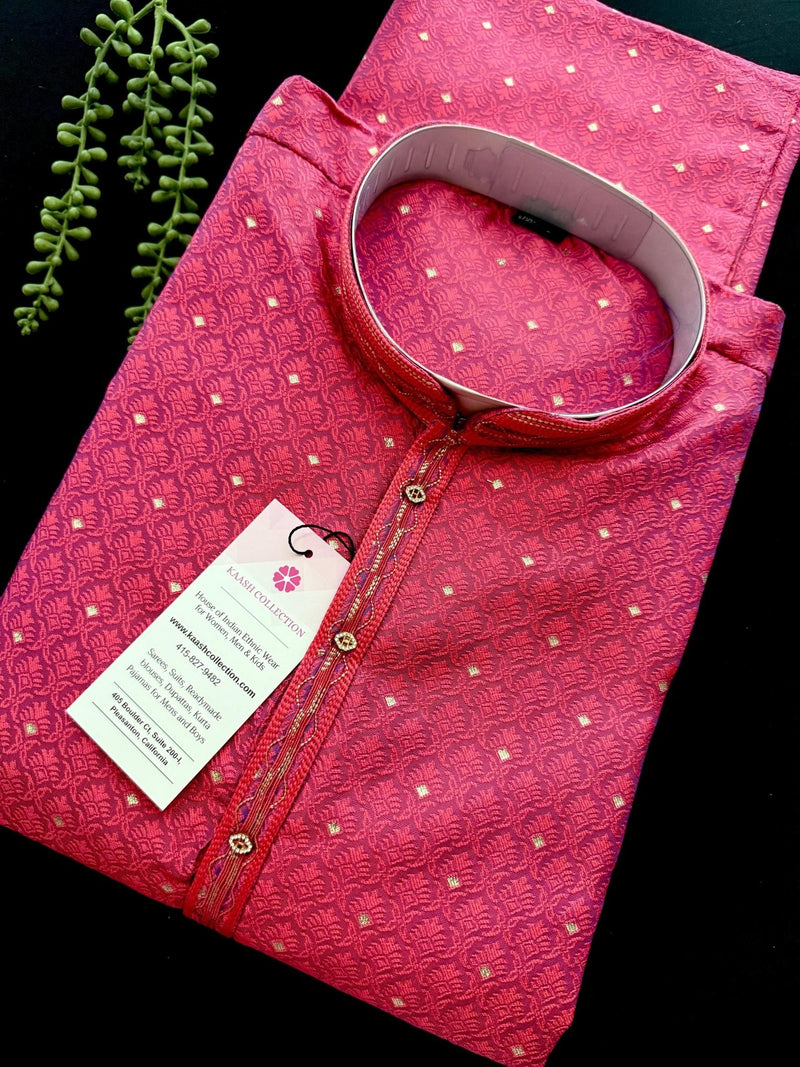 Strawberry Pink Color Soft Raw Silk Men Kurta Pajama Self Design and tiny Zari Weave - Kaash