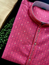 Strawberry Pink Color Soft Raw Silk Men Kurta Pajama Self Design and tiny Zari Weave - Kaash