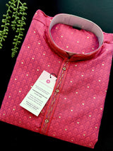 Strawberry Pink Color Soft Raw Silk Men Kurta Pajama Self Design and tiny Zari Weave - Kaash
