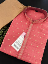 Strawberry Pink Color Soft Silk Men Kurta with Self Design material with small Zari Weave butti - Kaash
