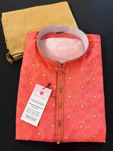 Strawberry Pink Soft Silk Men Kurta Pajama for Men with Self Design material with small Zari Weave butti - Kaash