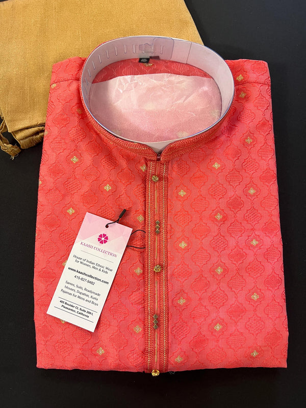 Strawberry Pink Soft Silk Men Kurta Pajama for Men with Self Design material with small Zari Weave butti - Kaash