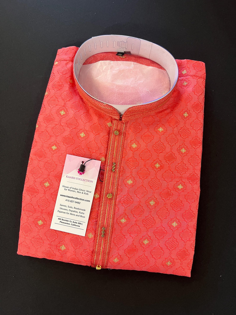 Strawberry Pink Soft Silk Men Kurta Pajama for Men with Self Design material with small Zari Weave butti - Kaash