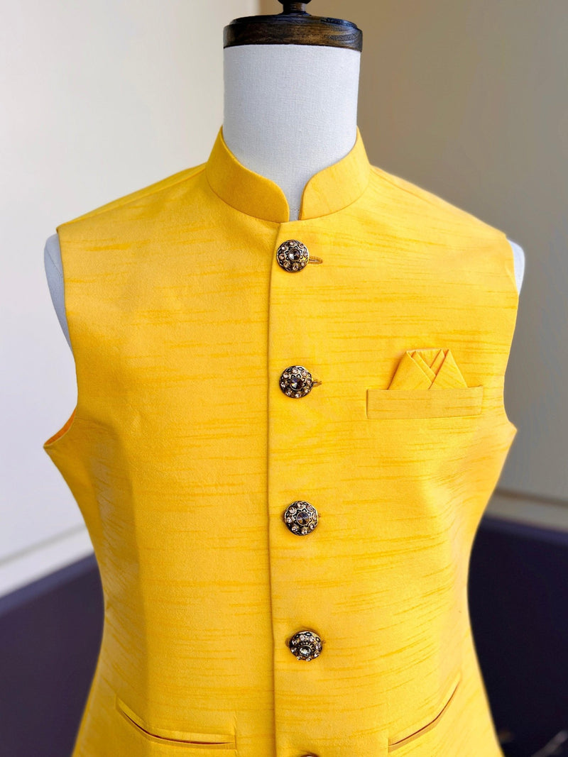 Modi Pattern Sunflower Yellow Modi Nehru Jacket for Men | Kaash