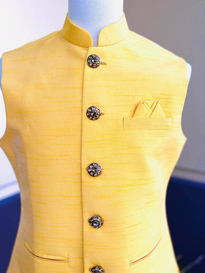 Sunflower Bright Yellow Color Modi Nehru Jacket For Men | Waist Coat | Jacket for Kurta | Gift For Him | Yellow Color Mens Jacket - Kaash