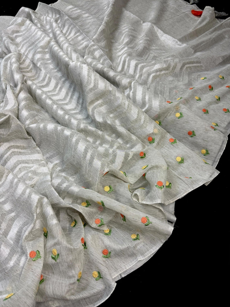 Taupe Color Linen blend with Cotton Silk Saree and Embroidery floral buttis - Kaash