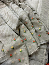 Taupe Color Linen blend with Cotton Silk Saree and Embroidery floral buttis - Kaash
