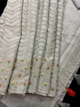 Taupe Color Linen blend with Cotton Silk Saree and Embroidery floral buttis - Kaash