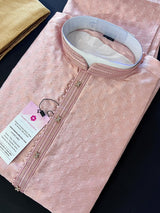 Tea Pink men's kurta pajama in raw silk (non-pure) with light-weight self-design — Kaash Collection